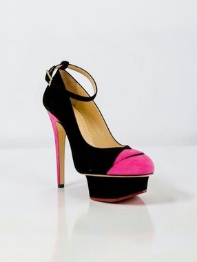 Charlotte Olympia Kiss Me Dolores Suede Pumps Black Pink Lip Heels Size 6